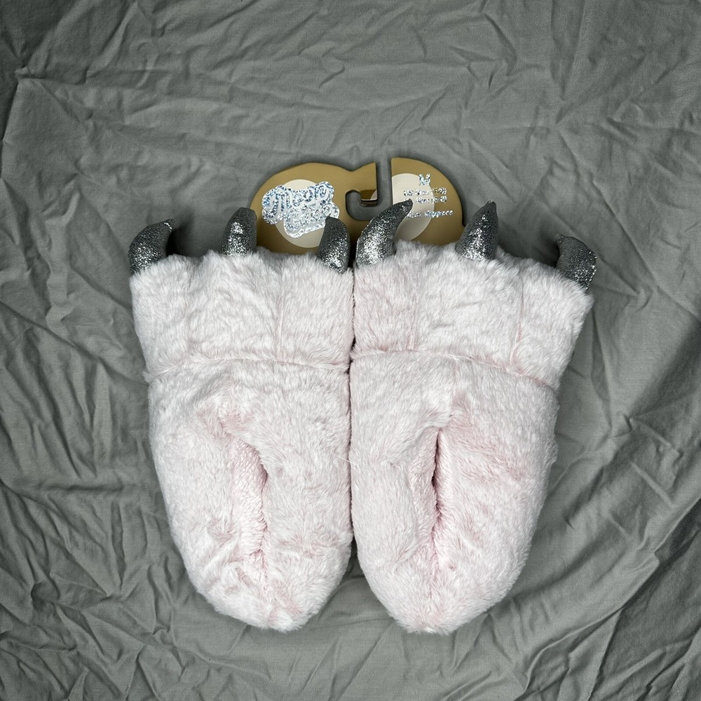 Moon‎ Cake Womens Blush Pink Monster Claw Slippers Silver Glitter Nails Sz M 7-8